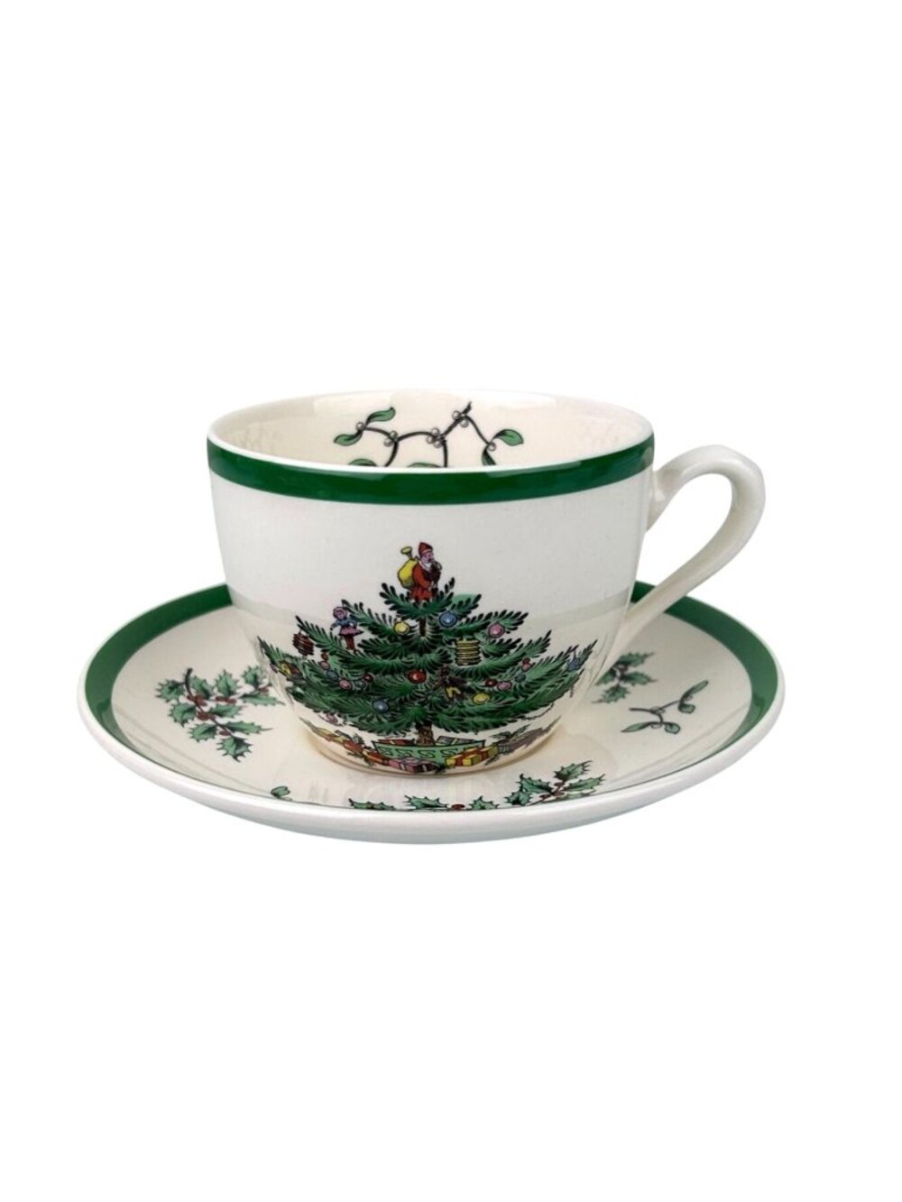 Spode Christmas Tree Teacup & Saucer England Holiday Dinnerware Vintage